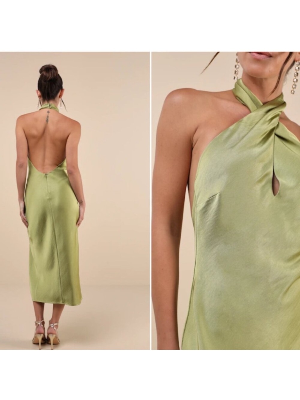 🍀 Lulus Women Beyond Classy Chartreuse Satin Halter Midi Dress Green XL